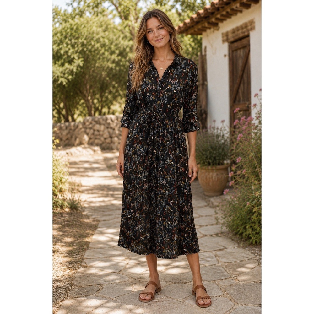 DR2 Womens Small Black Floral Shirt Dress Tie Waist Button Front Boho Midi QQ27